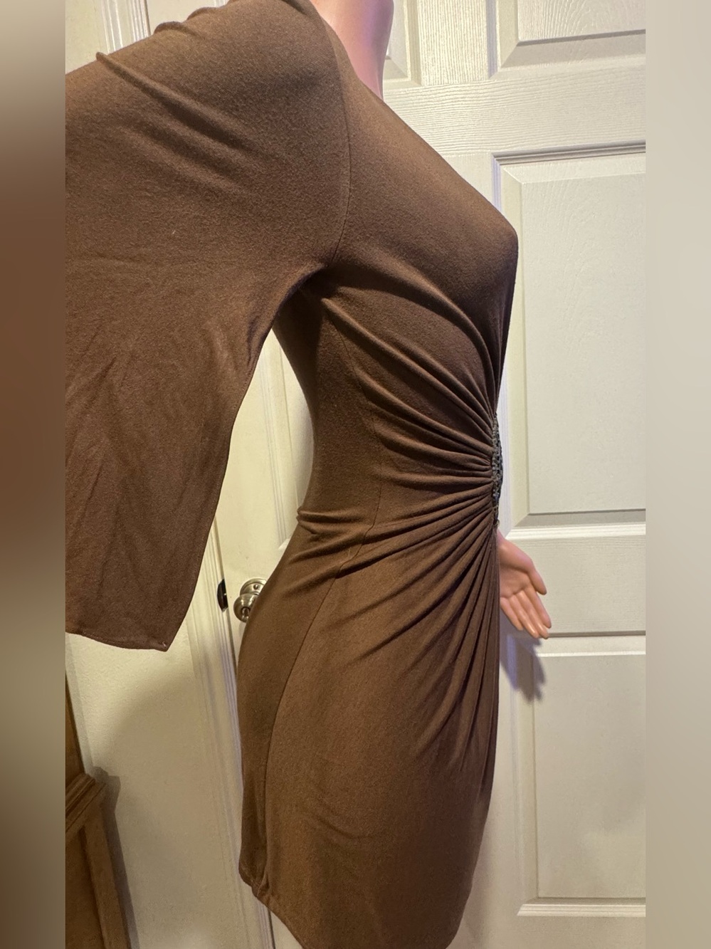 Sky Brand Brown Deep V-Neck Mini Dress with Decorative Waist Accent Sz S - Picture 8 of 11